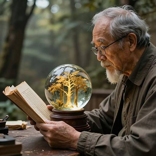 Photograph of an elderly man with white hair and beard, wearing glasses and brown jacket, reading a book while observing a glass snow globe with a yellow