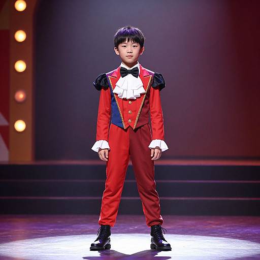 Photograph of a young Asian boy in a red circus-style outfit with black trim, white ruffled shirt, and black boots, standing on a brightly