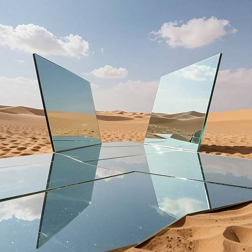 Photograph of four angular, reflective glass panels in a desert landscape with sandy dunes and a blue sky with white clouds.