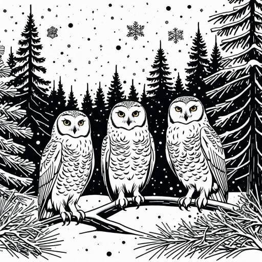 Minimalist Linocut Print of Snowy Owls and Frosty Pines