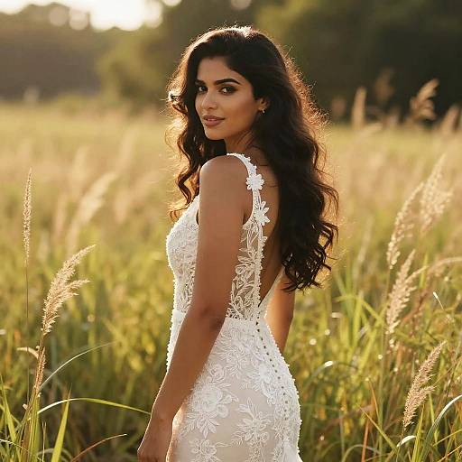 Photograph of a beautiful South Asian woman with long, wavy black hair in a white floral lace wedding dress, standing in a sunlit grassy