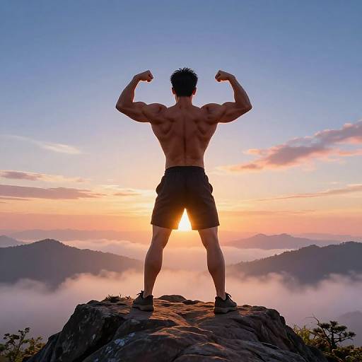 Photograph of a muscular man with short black hair, flexing his arms, standing on a rocky peak at sunrise, wearing black shorts and sneakers,