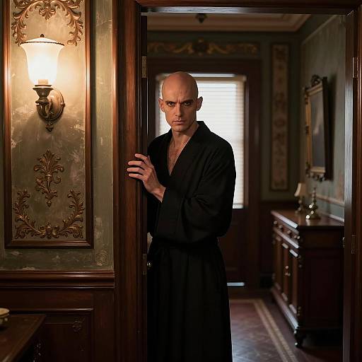 Intense Bald Figure in Dim Hallway