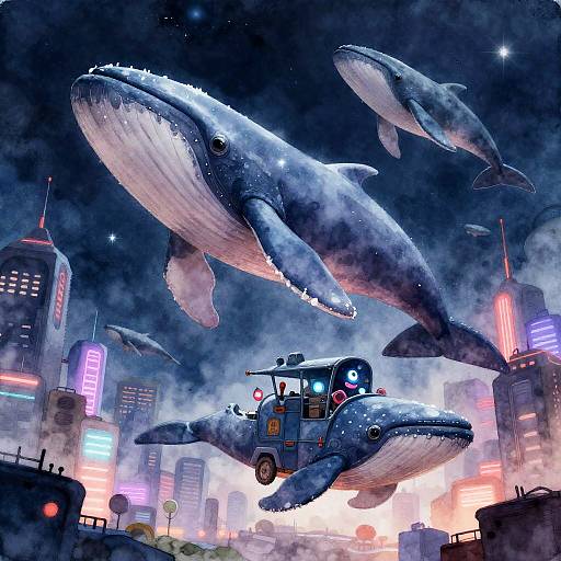 Sentient Air-Whales Over Neon Cityscape