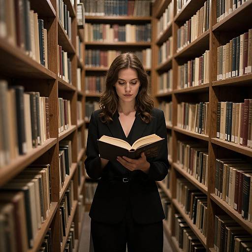 Photograph of a focused brunette woman in a black blazer, standing in a narrow, wooden bookshelf-filled library, reading an open book.