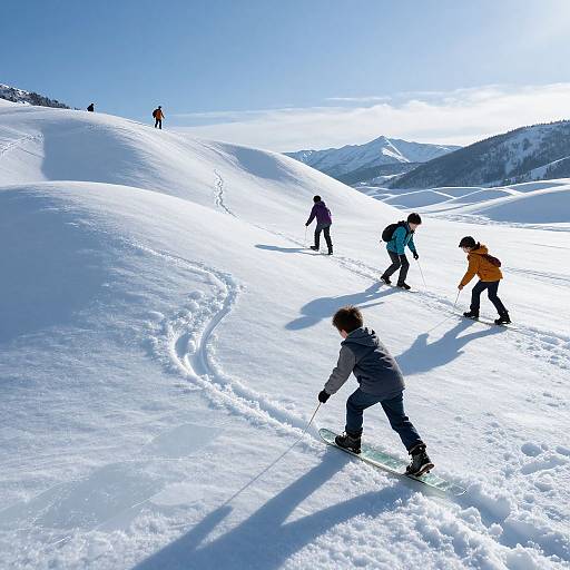 Photograph of six children snowboarding on a bright, sunny, snowy mountain slope with clear blue sky and crisp shadows.