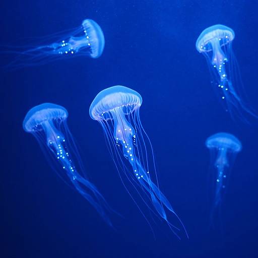 Photograph of glowing blue jellyfish floating in a deep blue ocean, their translucent bodies and trailing tentacles illuminated with bioluminescent light.