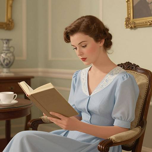 Vintage-style photograph of a fair-skinned woman with red lipstick, dark wavy hair, reading a book in a light blue dress, seated in an