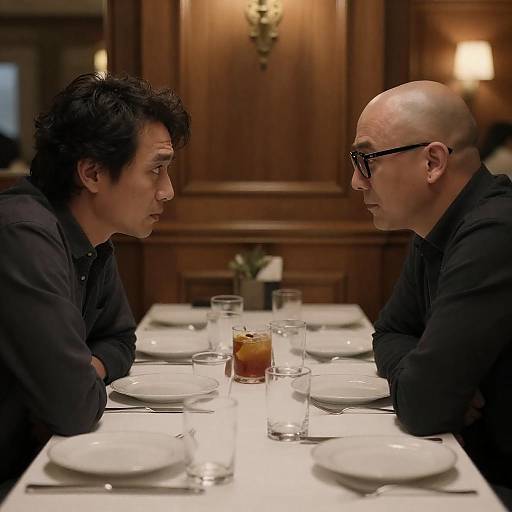 Photograph of two men, one with dark hair, one bald and wearing glasses, facing each other at a white-clothed dining table in a