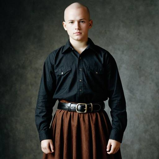 Bald Boy in Black Shirt and Brown Skirt
