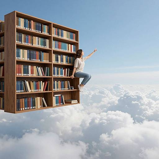 Photograph of a woman in white top and blue jeans, sitting on floating wooden bookshelf filled with books, above fluffy white clouds against a clear blue
