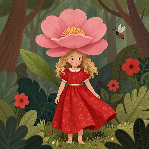 Illustration of a blonde girl in a red floral dress, standing in a forest, wearing a giant pink flower as a hat, with a butterfly nearby
