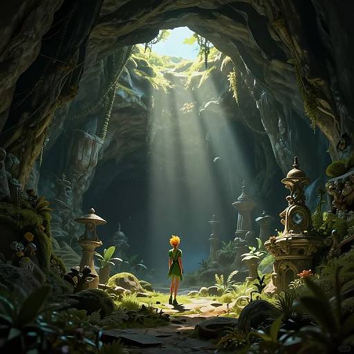 Digital art of a lone girl with orange hair in a green dress, standing in a sunlit, mystical cave filled with ancient stone statues and lush green