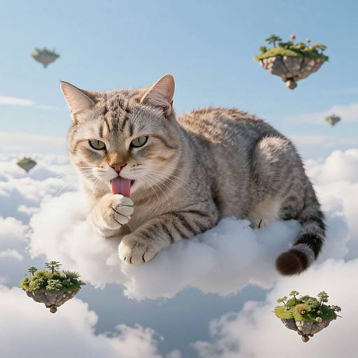 Photorealistic digital image of a gray tabby cat with green eyes, lying on fluffy white clouds, licking a floating flower, with small floating islands