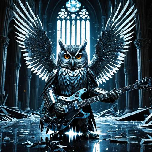 Cybernetic Owl Playing Guitar in Futuristic Cathedral