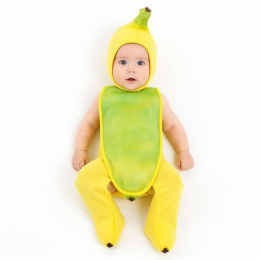 Photograph of a baby wearing a yellow banana costume with a green bib, lying on a white background, looking upwards.