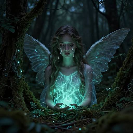 Digital fantasy art: ethereal fairy with glowing blue energy, translucent wings, long wavy hair, tears, in dark, mossy forest.