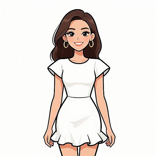 Digital drawing of a smiling woman with dark brown hair, wearing a white short-sleeved dress and large hoop earrings, standing against a plain white background