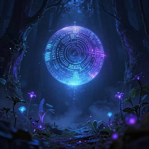 Digital artwork of a mystical forest at night, featuring a glowing blue and purple circular pattern hovering above bioluminescent flowers and fog.