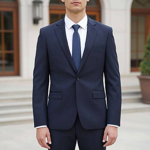 Photograph of a man in a dark navy suit, white shirt, and blue polka-dot tie, standing outdoors with blurred architectural background.