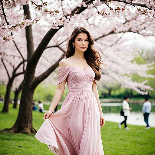 Elegant Young Woman in Cherry Blossom Park
