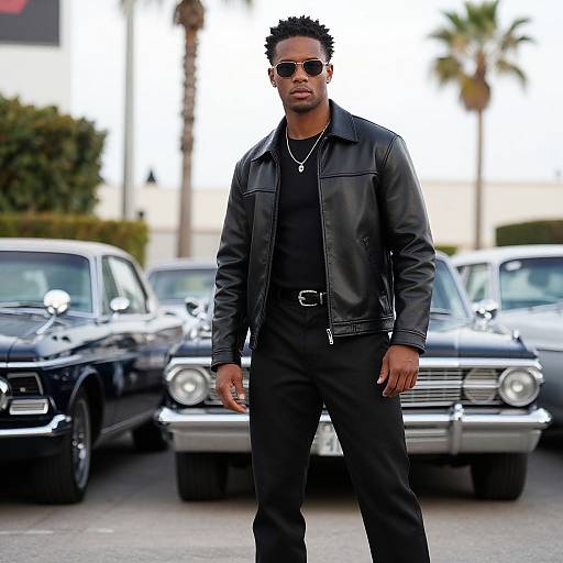 Photograph of a tall, black man with short, spiked hair, wearing sunglasses, black leather jacket, black shirt, and pants, standing in front