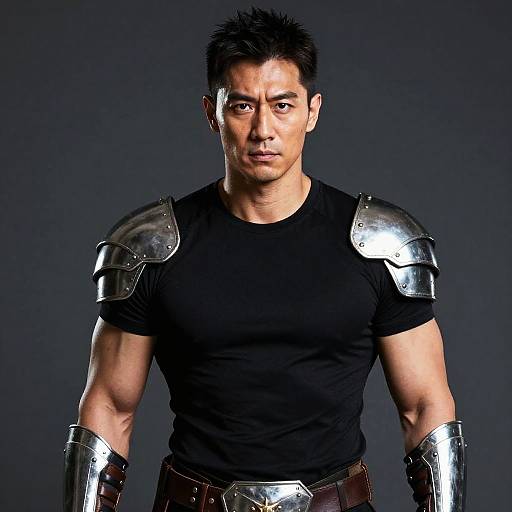 Photograph of a muscular Asian man with short black hair, wearing a black t-shirt and shiny silver armor on shoulders and forearms, against a dark