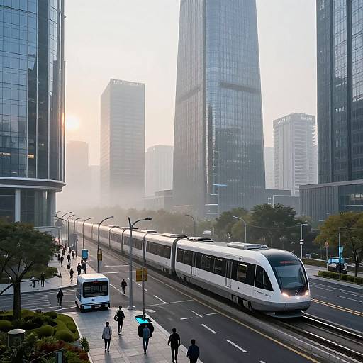 Photograph of a modern urban street with a white tram, tall glass skyscrapers, misty background, people walking, and a white bus.