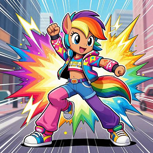 Vibrant digital illustration of a colorful, energetic pony with rainbow mane and tail, wearing a crop top, jacket, and jeans, posing confidently on