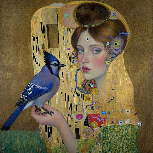 Digital art: Pale-skinned woman with red hair, adorned with colorful jewelry, gazes at a blue jay perched on her hand, against