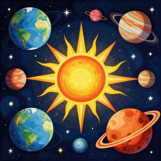 Vibrant digital illustration of a bright sun with sharp rays, surrounded by colorful planets and stars on a dark blue cosmic background. Planets include Earth