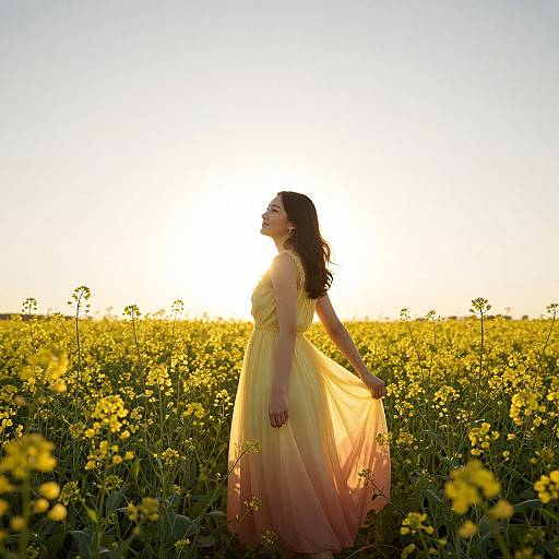 Photograph of a woman in a flowing yellow dress, standing in a sunlit field of yellow flowers, backlit by a bright sunset.