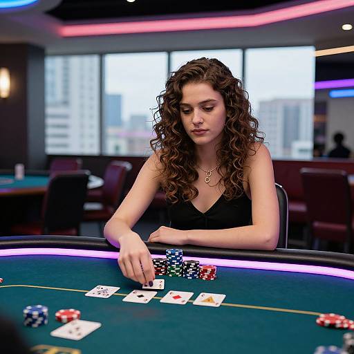 Photograph of a focused, curly-haired woman in a black sleeveless top, playing poker at a casino table with colorful chips and cards. Background features