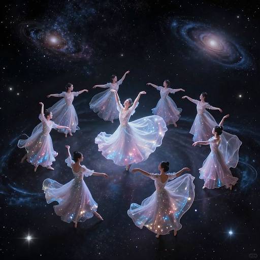 A celestial ballet of seven ethereal women in glowing white dresses, arms outstretched, dancing in a starry galaxy with visible galaxies. Digital art