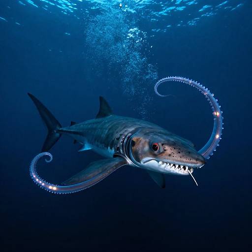 Photograph of a bioluminescent shark with glowing tentacles, sharp teeth, and blue underwater lighting, swimming in deep ocean water.