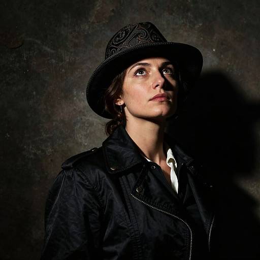 Photograph of a light-skinned woman with dark eyes, wearing a black patterned hat and black jacket, against a dark textured background.