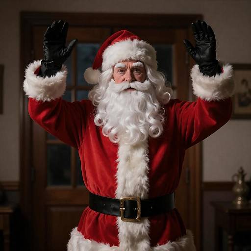 Santa Claus with Raised Hands in Dim Room