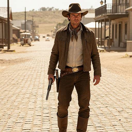 Photograph of a rugged, middle-aged man in a cowboy hat and brown leather jacket, holding a gun, standing on a sunlit, dusty Western