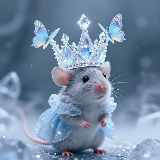 Photograph of a cute, gray mouse wearing a sparkling, crystal crown with blue butterflies, and a translucent blue cape, set against a glowing, eth