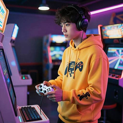 Passionate Gamer in Colorful Arcade Hoodie