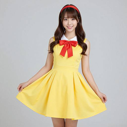 Photograph of a smiling Asian woman with long brown hair, wearing a yellow dress with a red bow, white collar, and red headband, standing