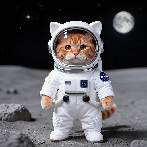 Photorealistic digital image of an adorable orange tabby kitten in a white astronaut suit with a clear helmet, standing on a lunar surface with a full