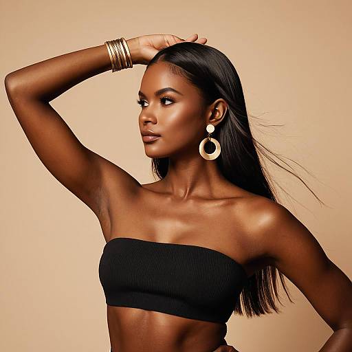 Elegant Dark-skinned Woman in Black Bandeau Top
