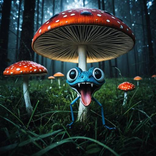 Surreal Enchanted Mushroom with Cartoon Dragonfly