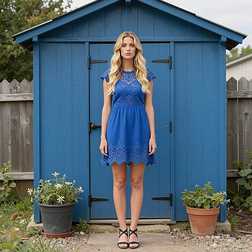 Woman in Blue Lace Dress Standing by Blue Shed