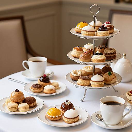 Photograph of a three-tiered dessert stand with assorted pastries, macarons, and topped with berries, alongside white cups of coffee on a
