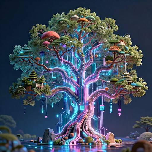 Digital art of a glowing, neon tree with swirling blue and pink lights, spherical ornaments, hanging lanterns, and illuminated branches against a dark night sky