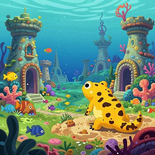 Colorful underwater scene with a yellow spotted amphibian, vibrant fish, and coral-adorned ancient ruins, bathed in blue sunlight. Digital cartoon