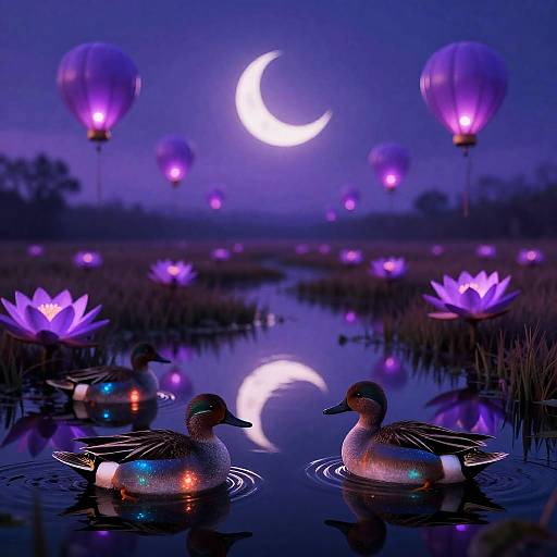 Photograph of two glowing ducks floating on a reflective pond at night, surrounded by purple lotus flowers and illuminated balloons, under a bright crescent moon