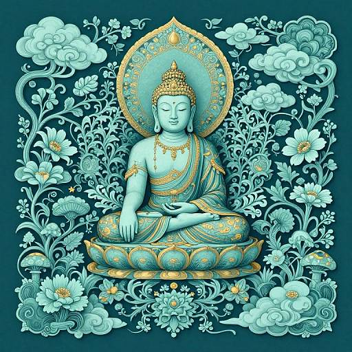 Digital artwork of a serene blue Buddha with golden accents, sitting in lotus position amidst intricate white floral patterns on dark blue background.